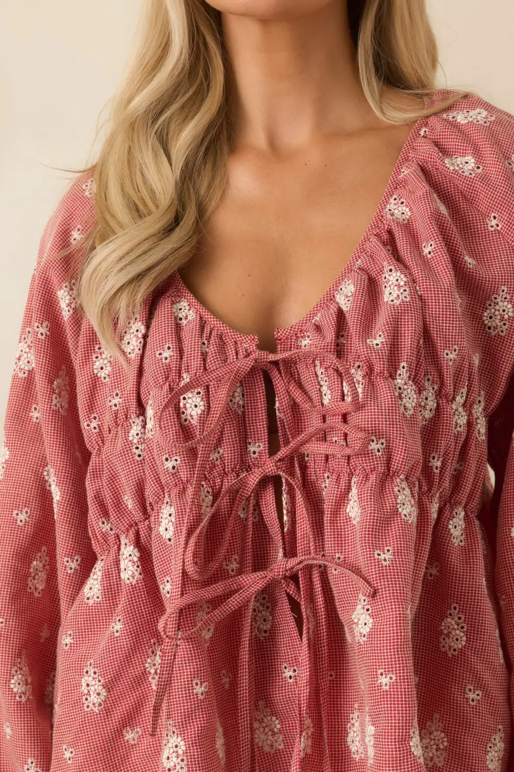 Long-Sleeve Tie-Front Floral-Print Cotton Blouse