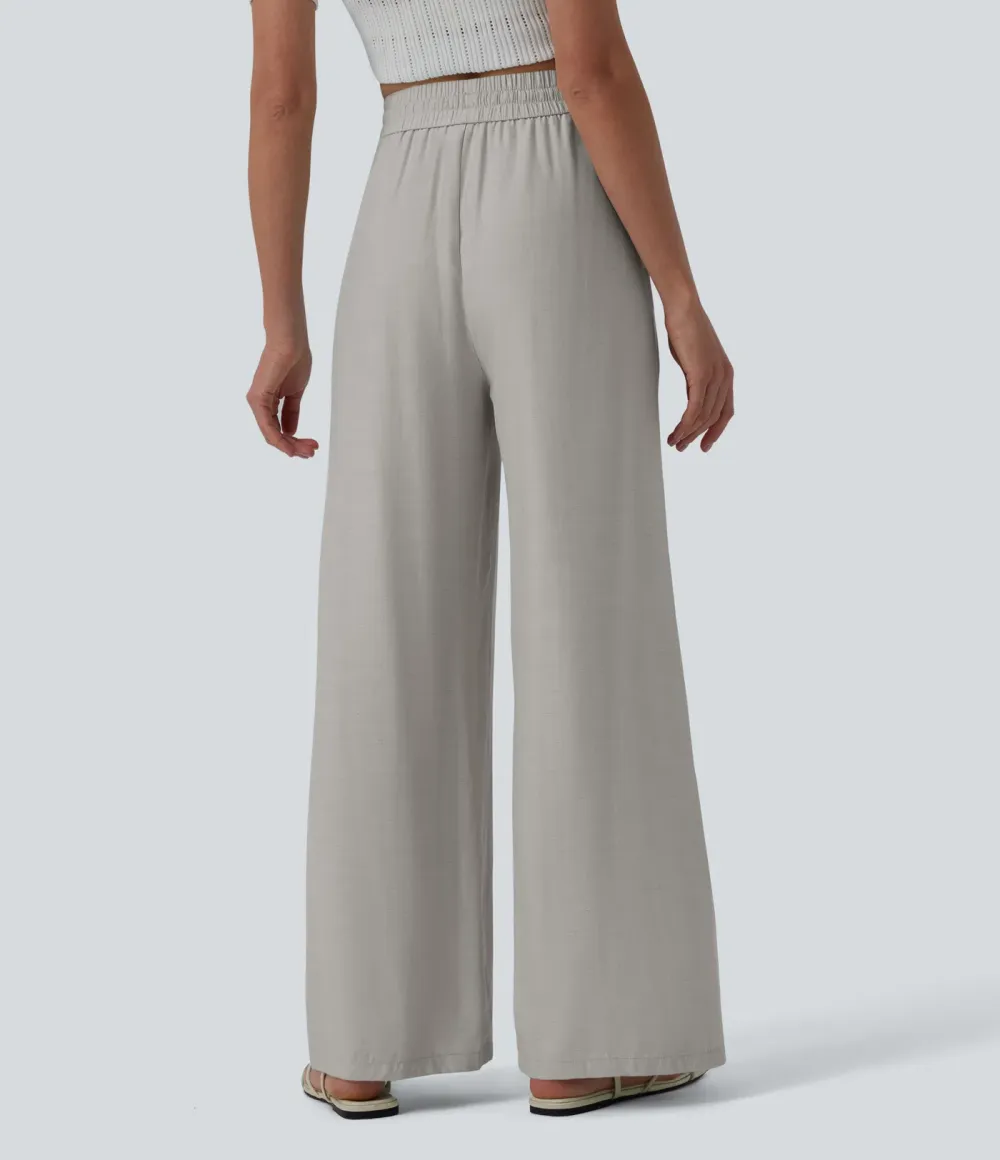 2026🔥High Waisted Drawstring Wide Leg Casual Linen-Blend Trousers with Pockets