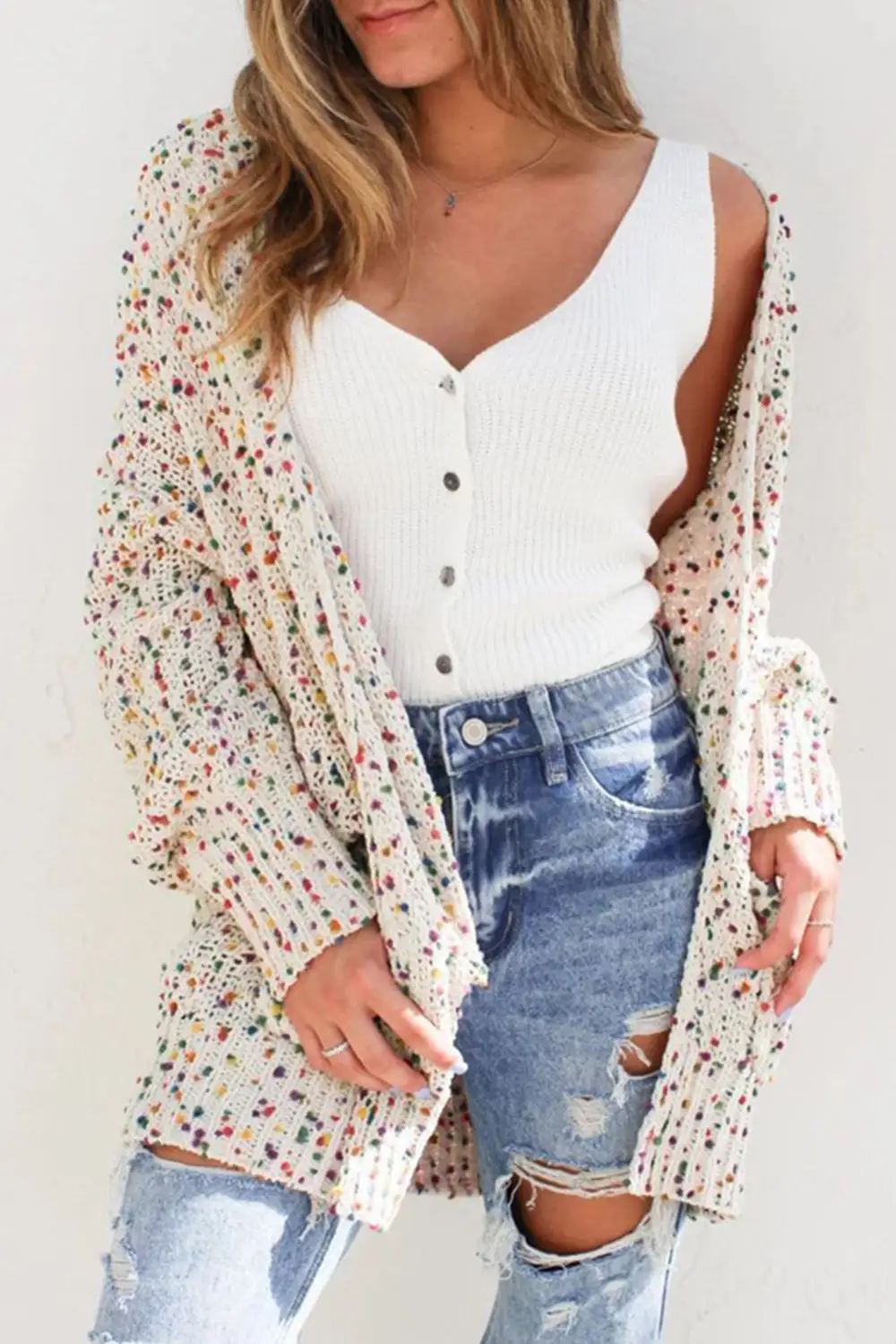 Dotted Rib Knit Long Sleeve Cardigan