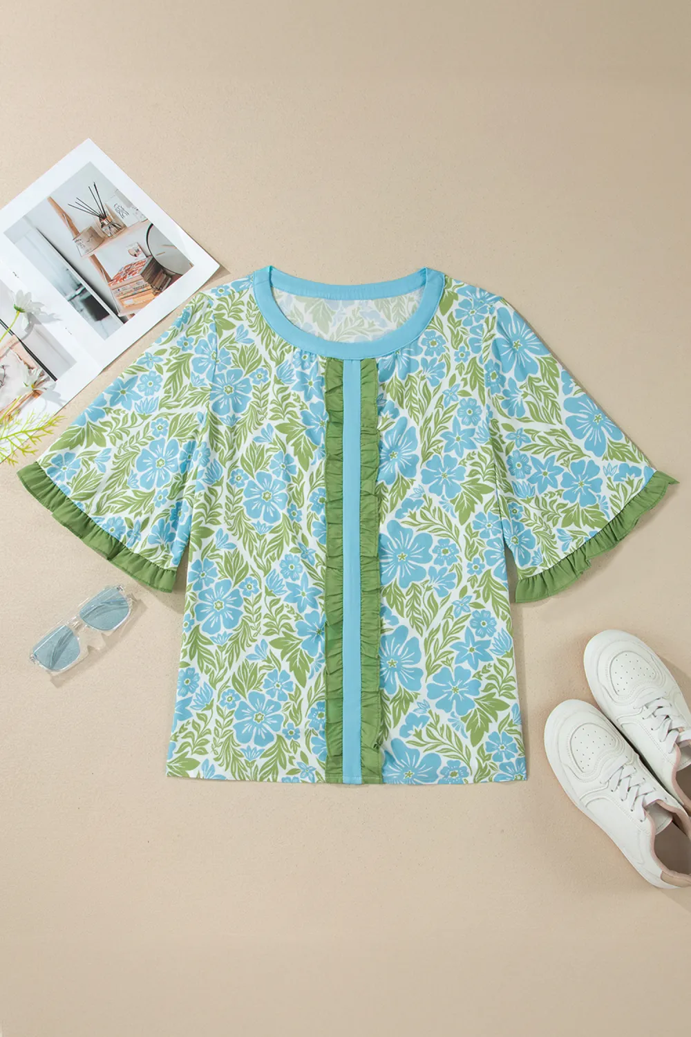 Sky Blue Floral Print Ruffled Blouse