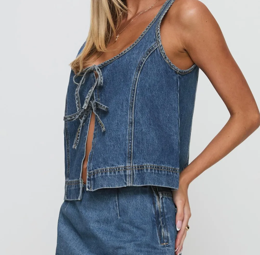 Mid-Wash Denim Tie-Front Top