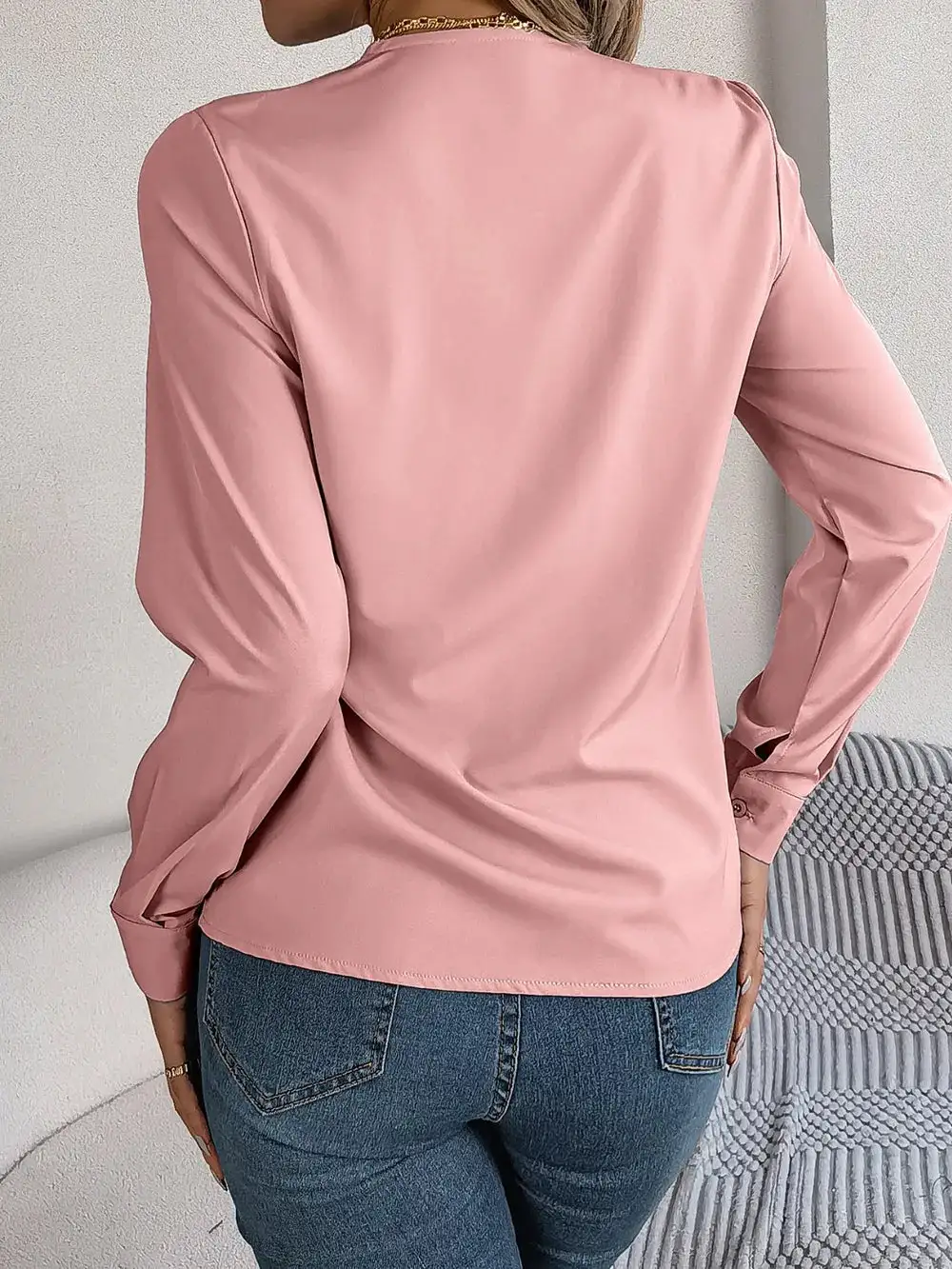 Textured V-Neck Long Sleeve Blouse