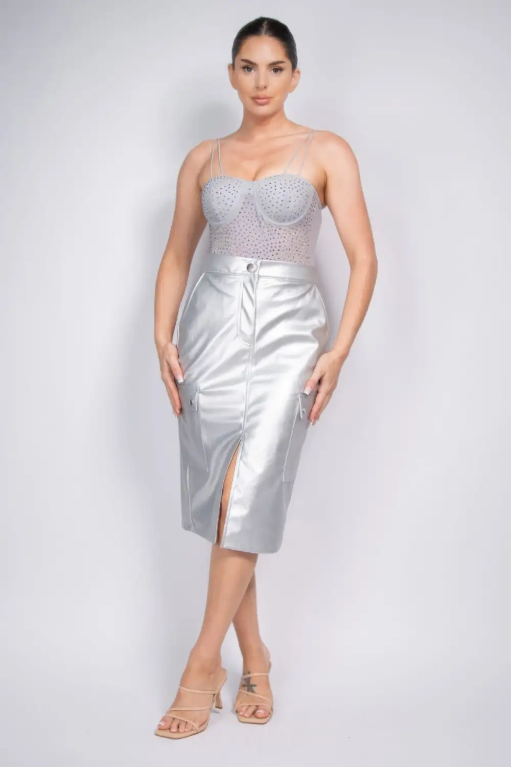 Button Front Faux Leather Skirt