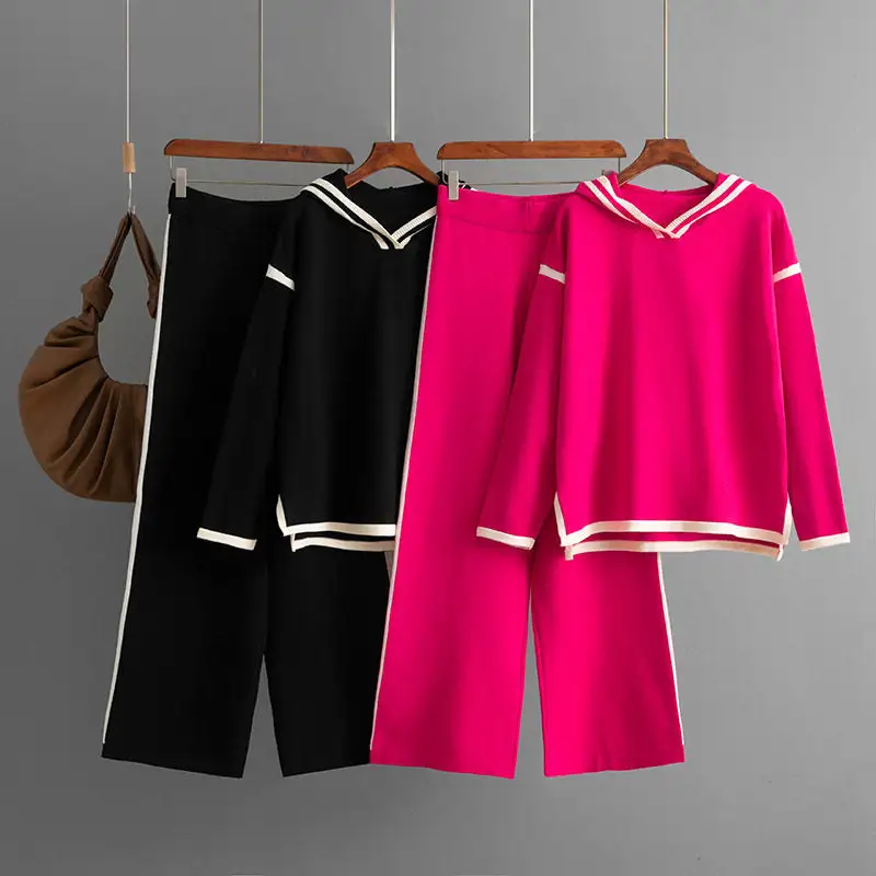 Casual Color Block Hoodie Sweater And Wide Leg Pants Set