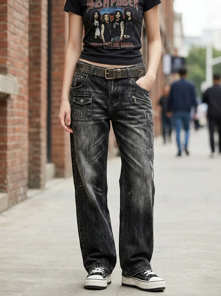 Women's Vintage Streetwear Washed Black Multi-Pocket Cargo Jeans