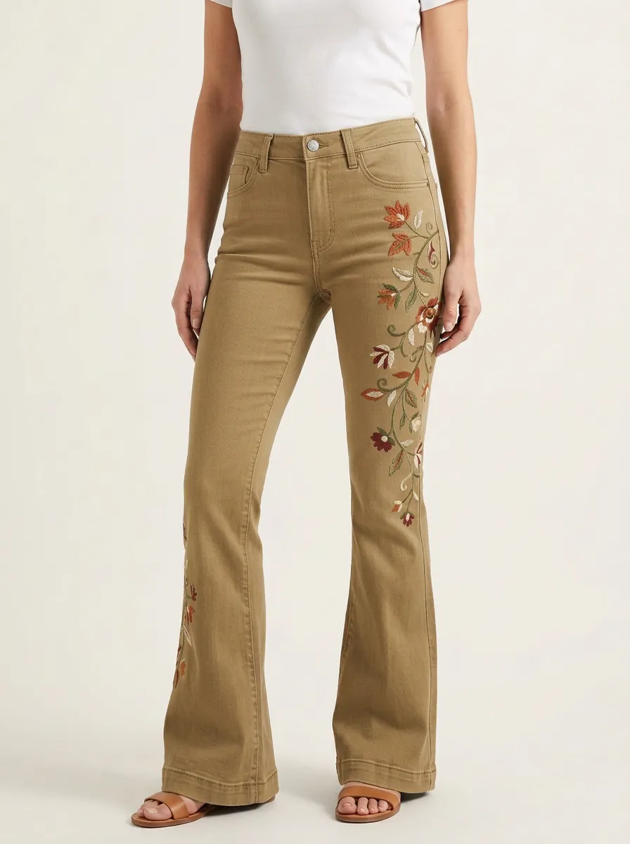 Women's Floral Embroidery Vintage Wash Embroidered Flare Jeans
