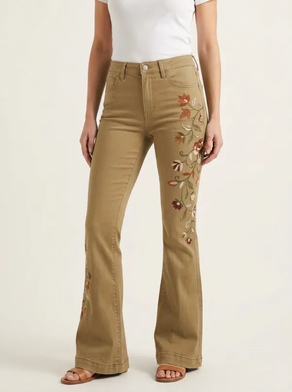 Women's Floral Embroidery Vintage Wash Embroidered Flare Jeans