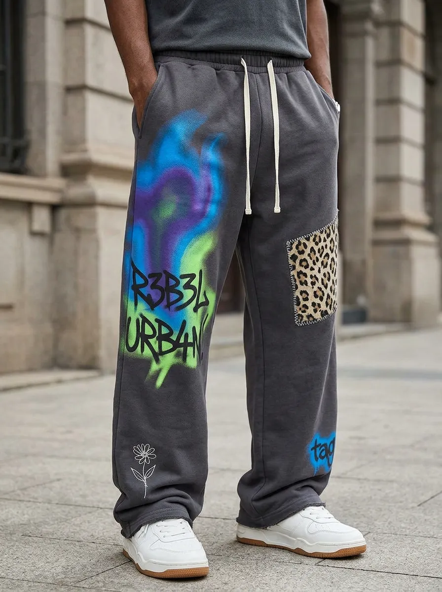 Men's Streetwear Graffiti Leopard Patch Printed Sweatpants