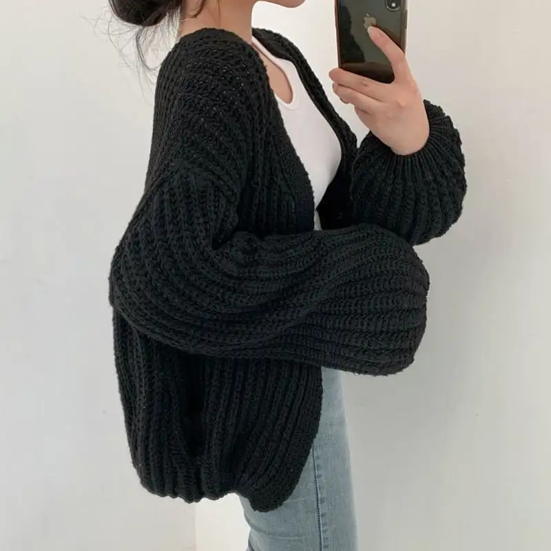 Oversized Chunky Knit Cardigan Balloon Sleeve Open Front Jumper
