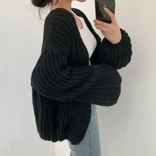 Oversized Chunky Knit Cardigan Balloon Sleeve Open Front Jumper
