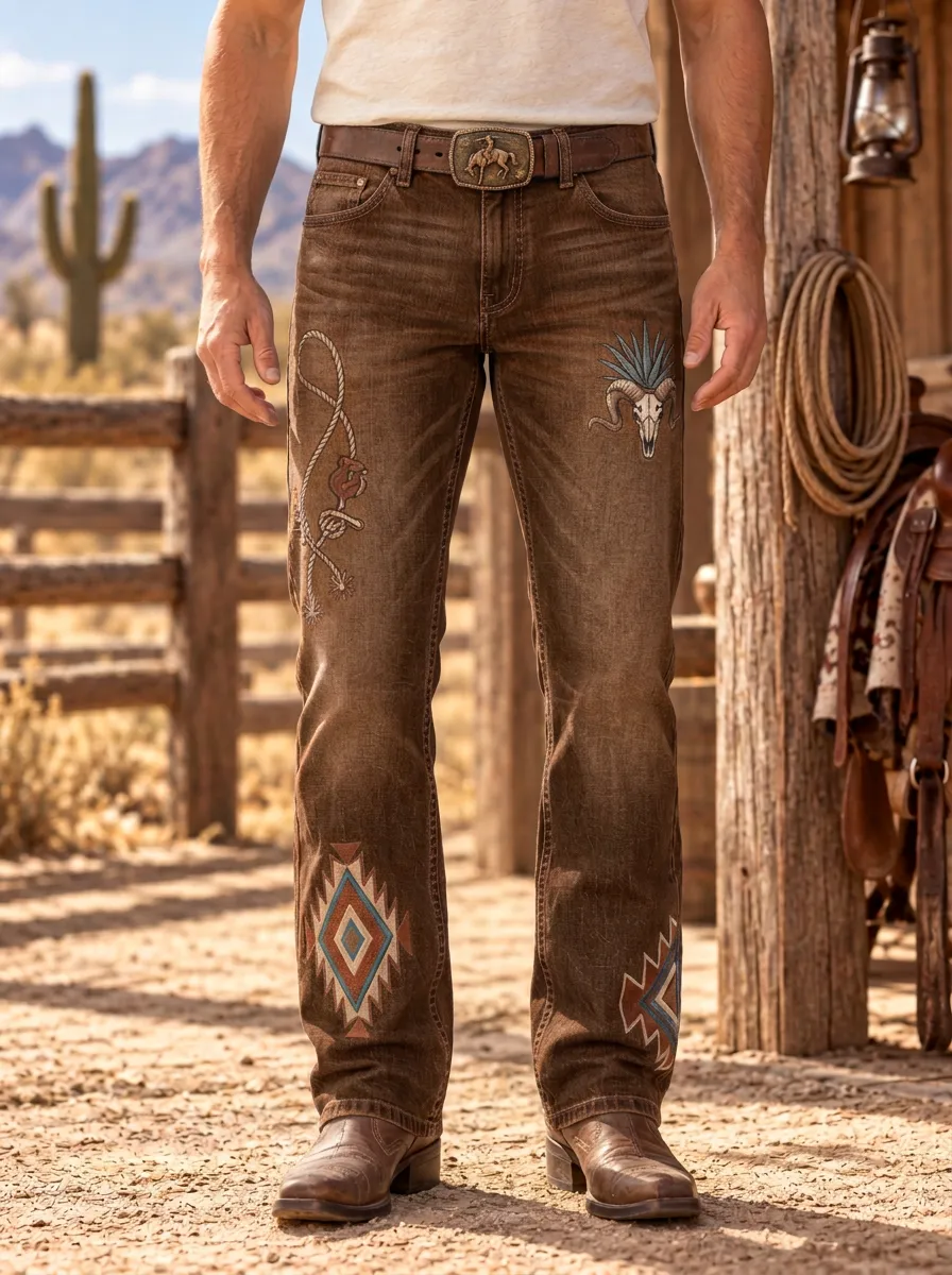 Men's Western Cowboy Geometric Skull Rope Jeans