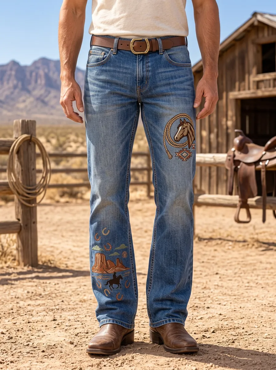 Men's Western Cowboy Horse Lasso Desert Jeans