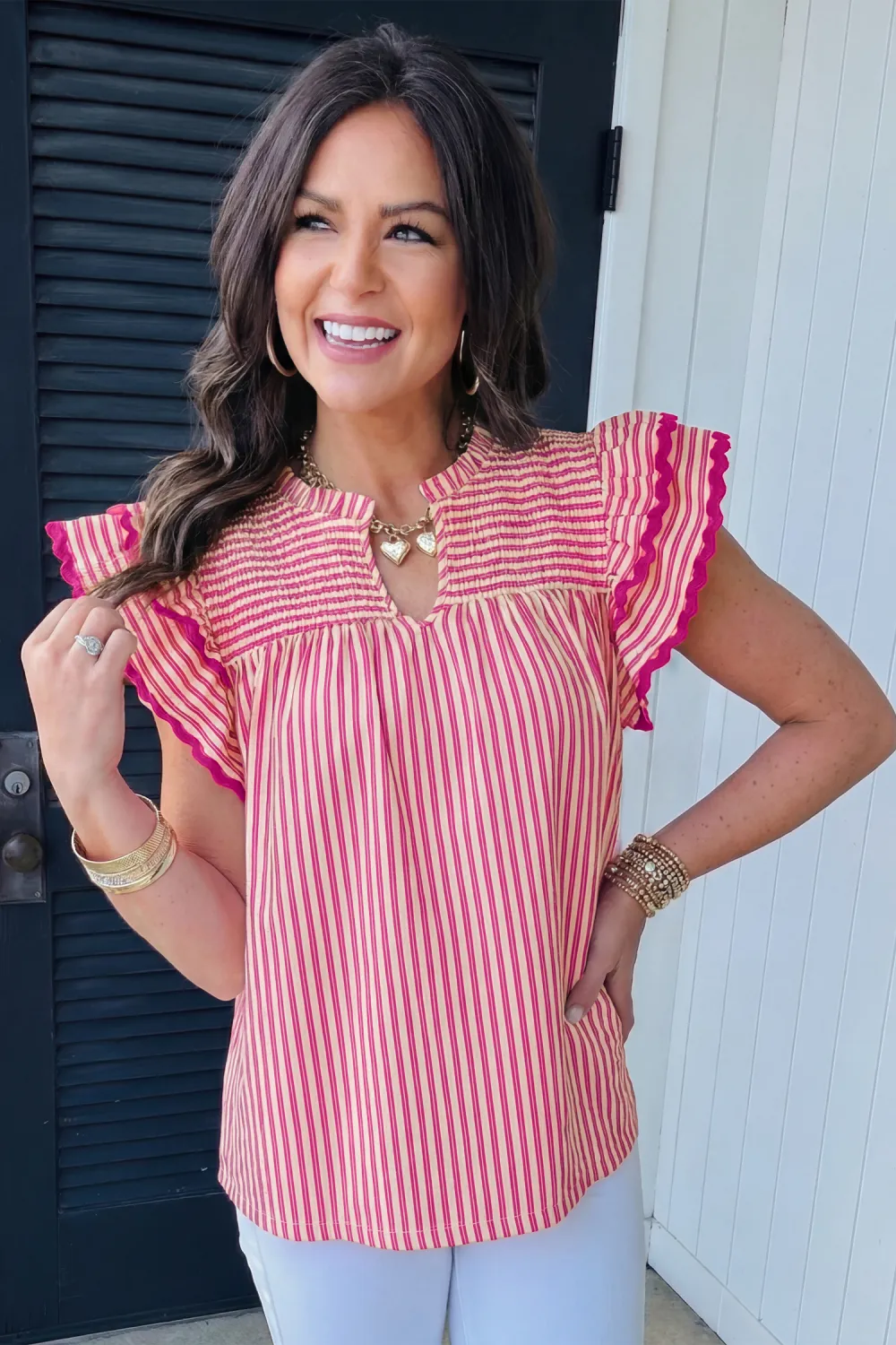 Rose Stripe Shirred Yoke Ruffled Blouse