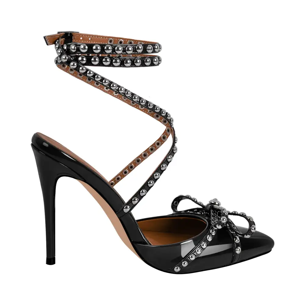 Sleek Rivet Pointed Toe Stiletto Ankle Strap Pumps