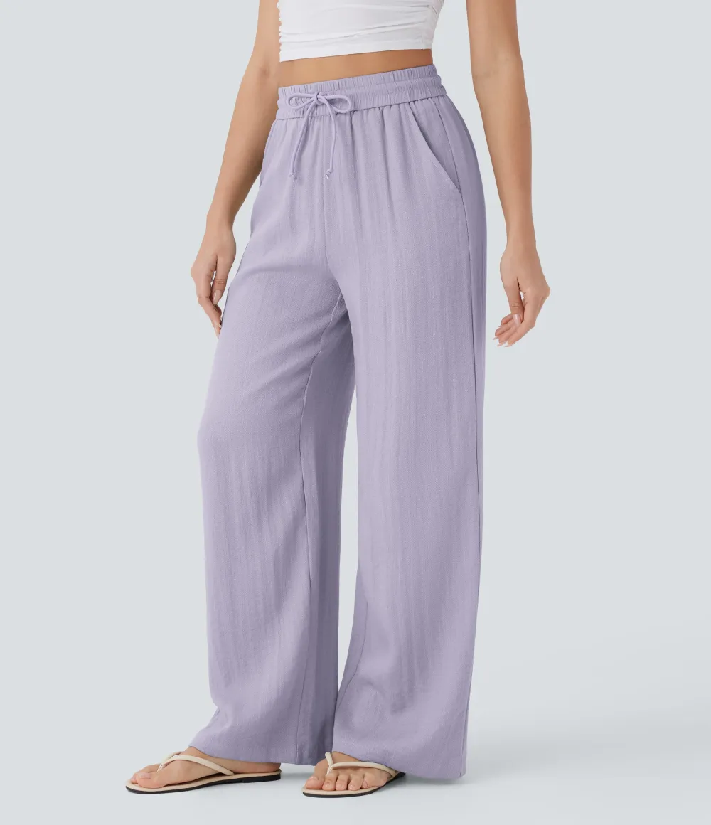 2026🔥  High Waisted Drawstring Pocket Wide Leg Casual Linen-Feel Pants