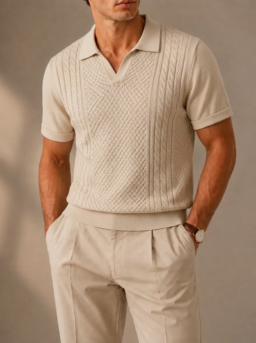 Men's Cable-Knit Short Sleeve Polo Shirt