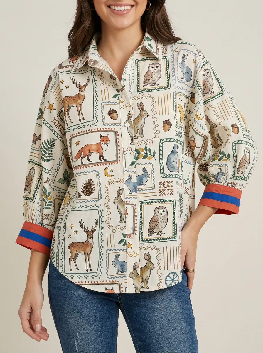 Women's Woodland Animal Stamp Pattern Printed Button-up Shirt