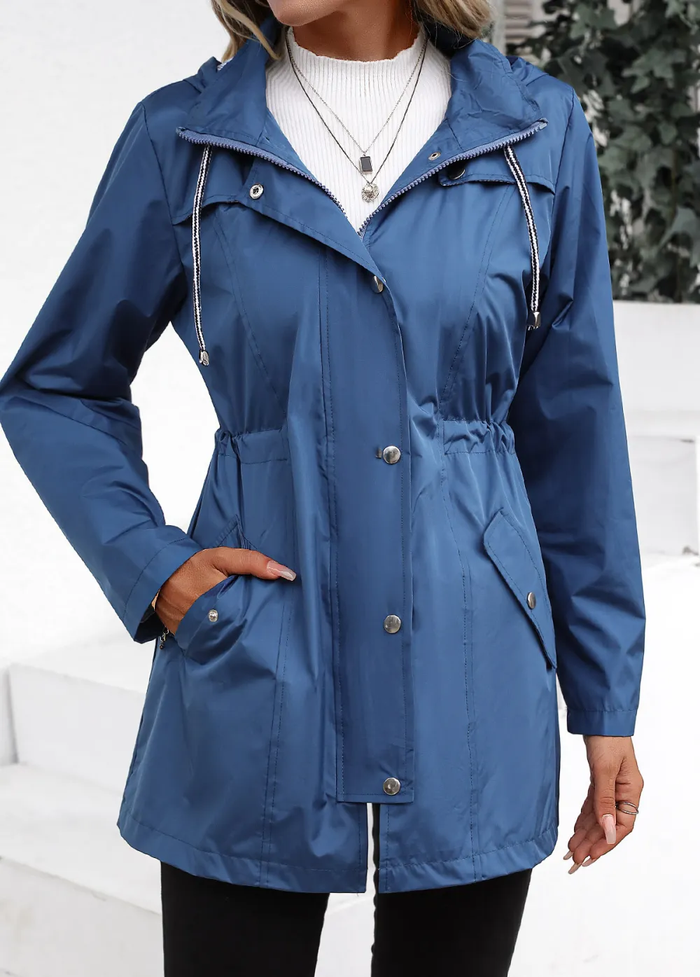 Dusty Blue Pocket Long Sleeve Turtleneck Coat