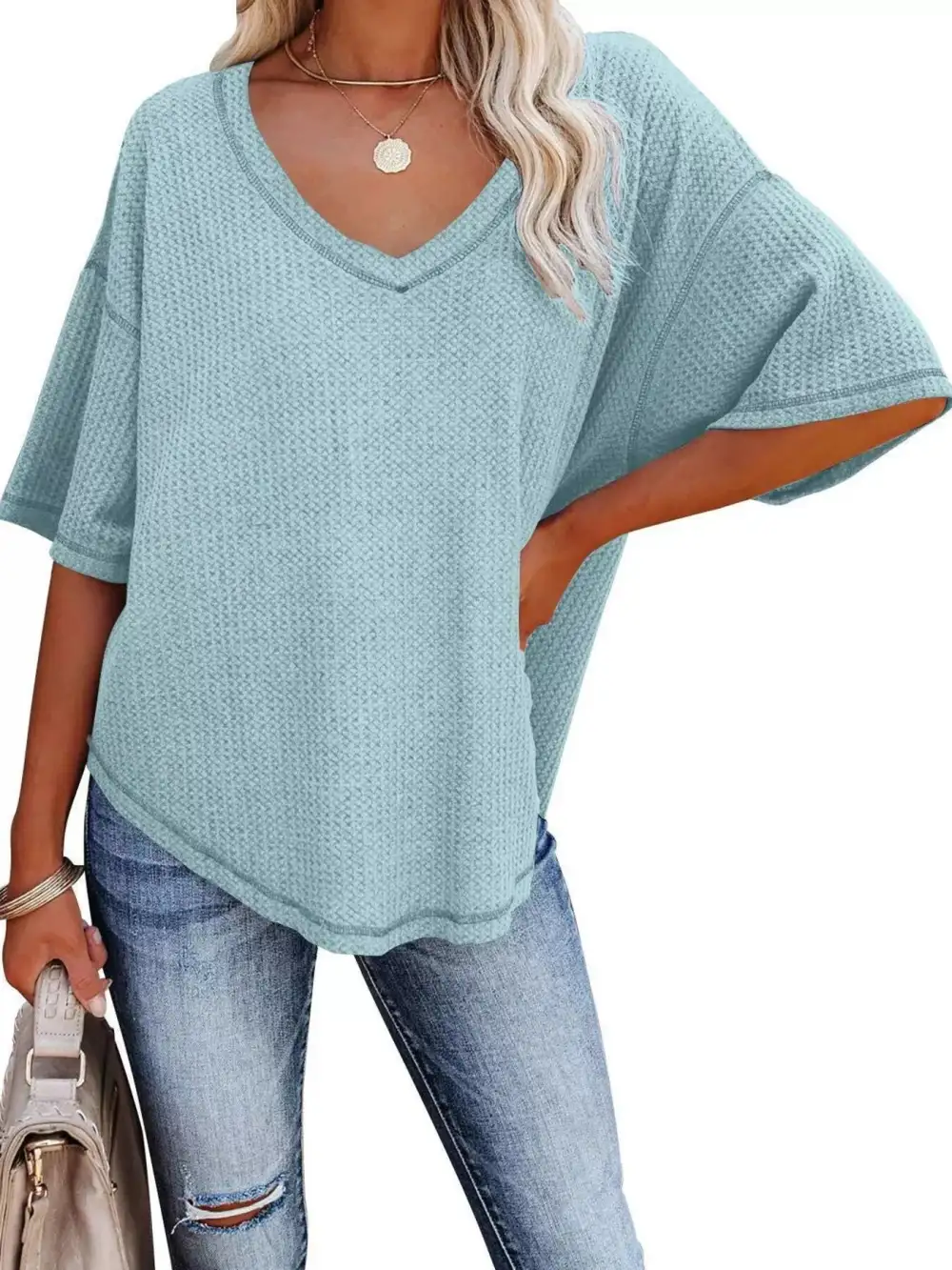 Relaxed V-Neck Short-Sleeve Knit T-Shirt