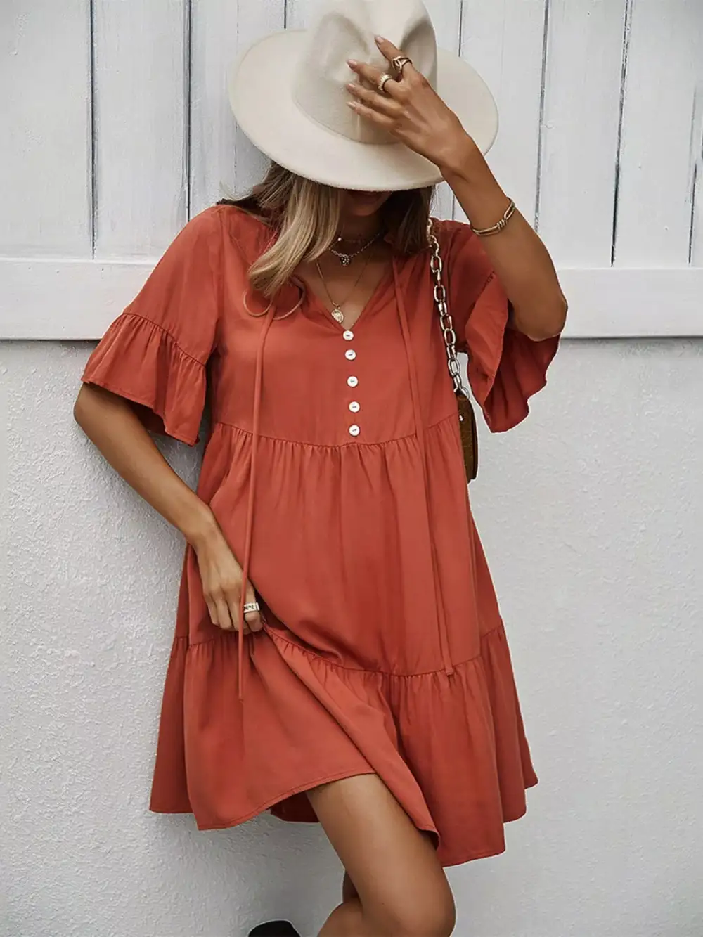 Button Front Ruffle Tiered Mini Dress