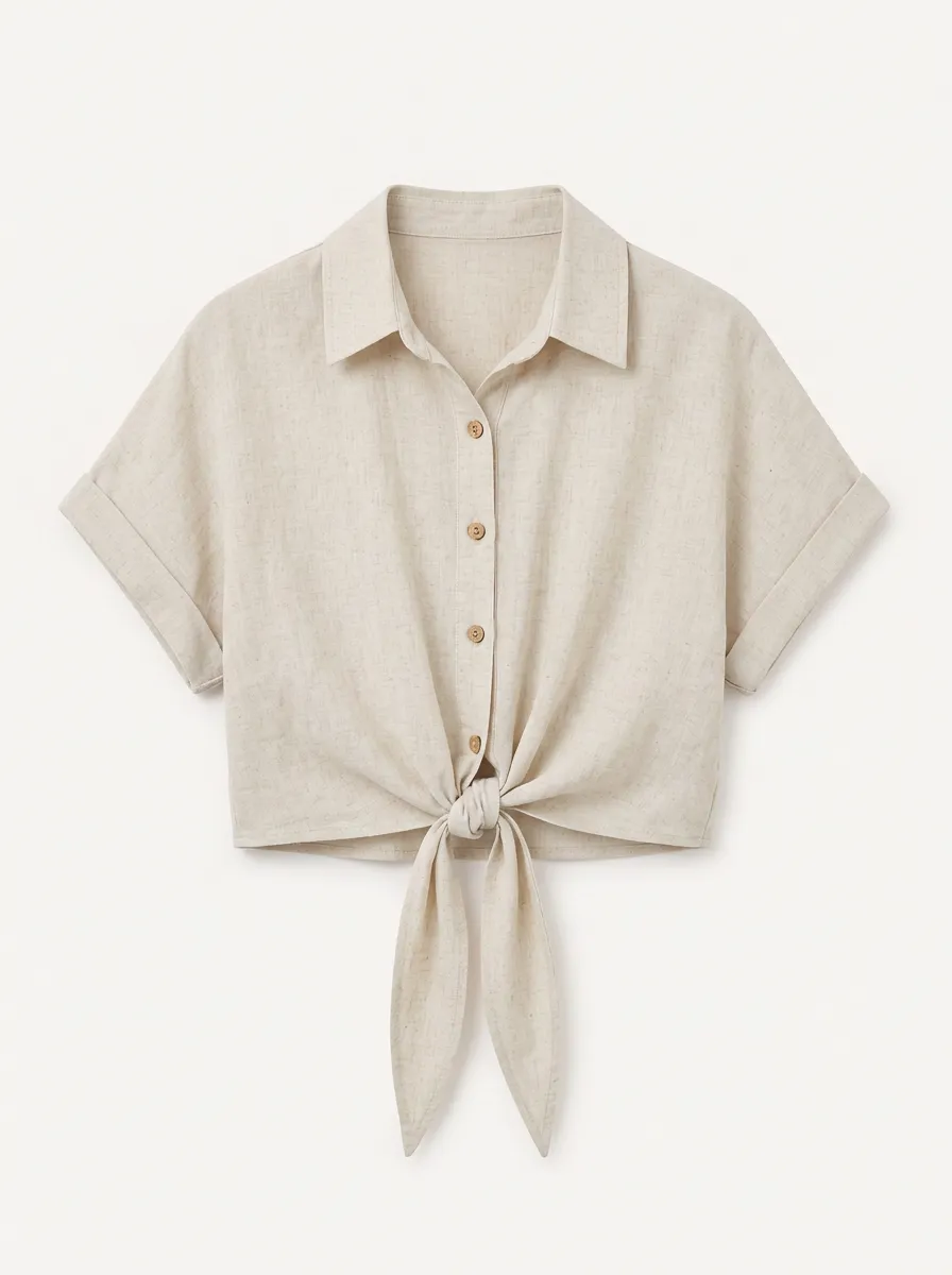 Women's Casual Beige Linen Blend Tie Front Button Up Top