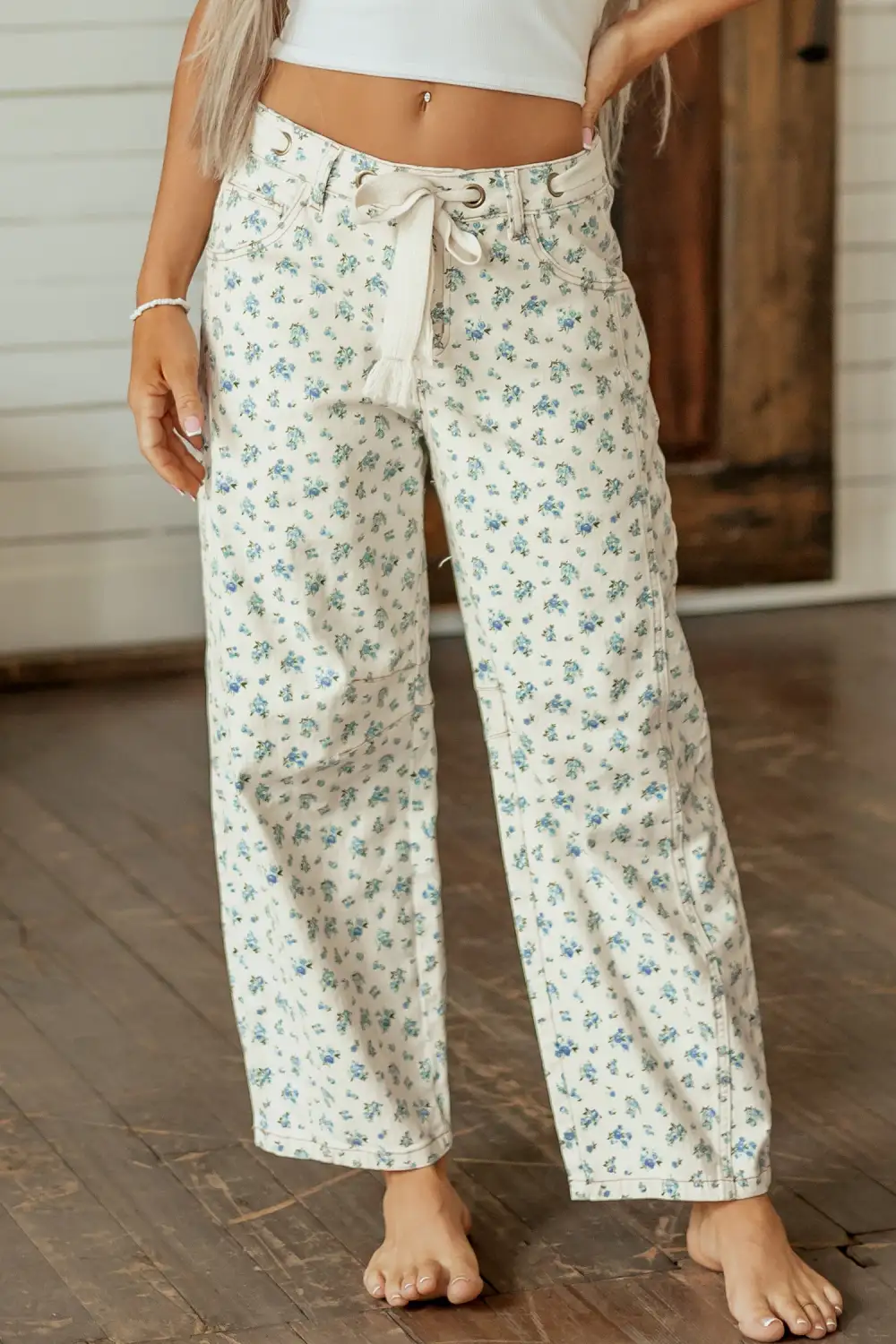 Women's Grommet Knot Waist Floral Barrel Leg Jeans