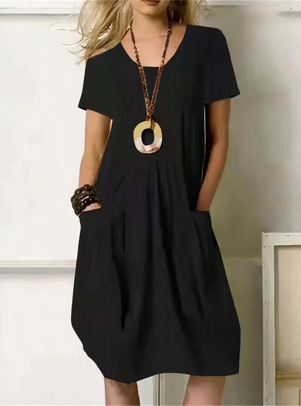  Casual Loose Pocket Midi Dress
