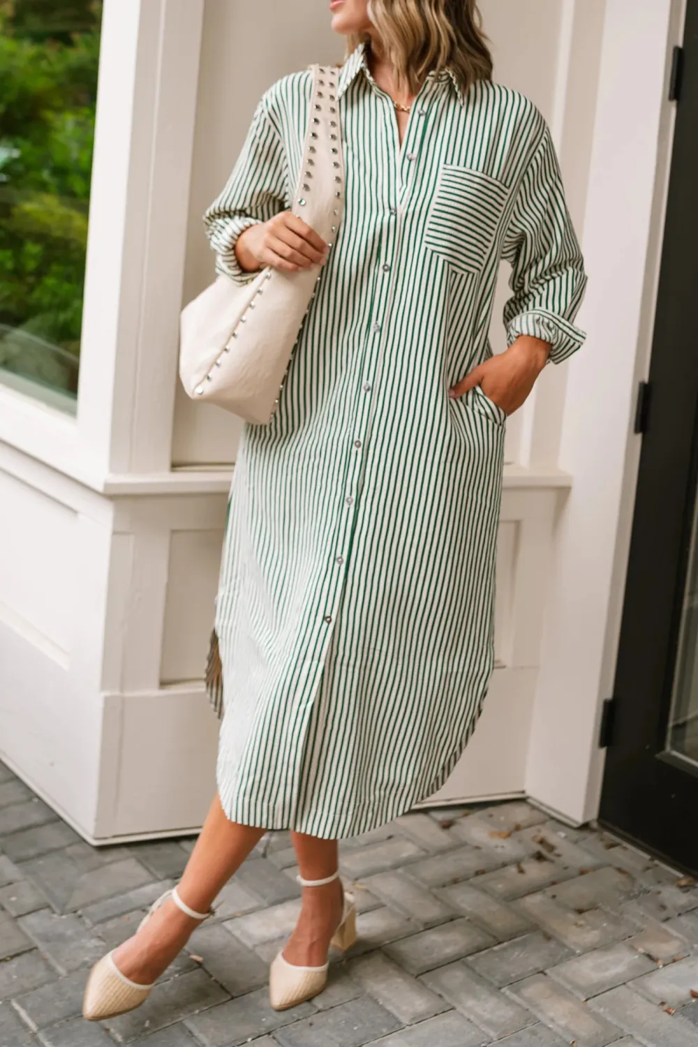 Striped Button Up Long Sleeve Dress