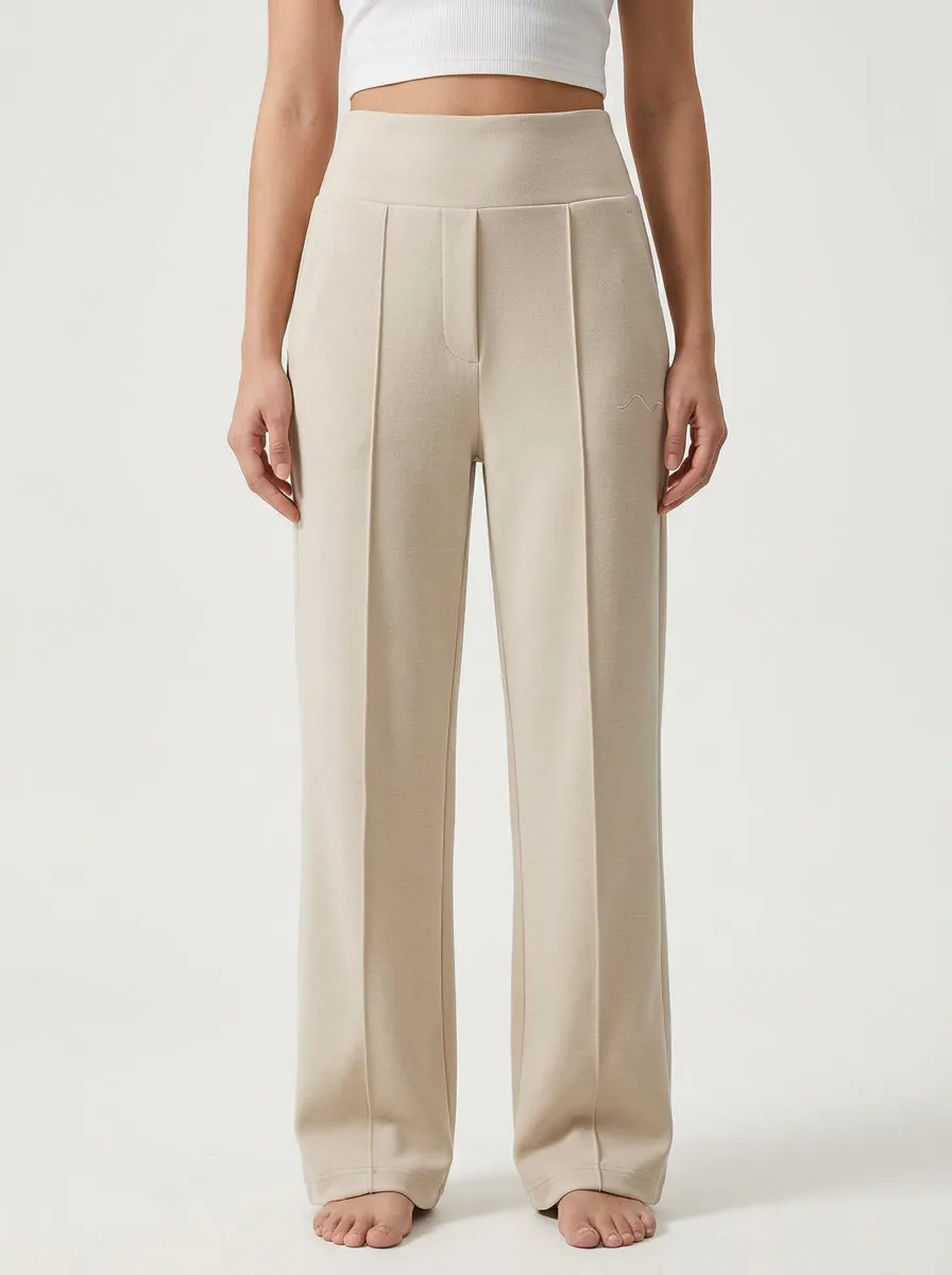 Women's Minimalist Beige Solid Color Embroidered Wide Leg Trousers
