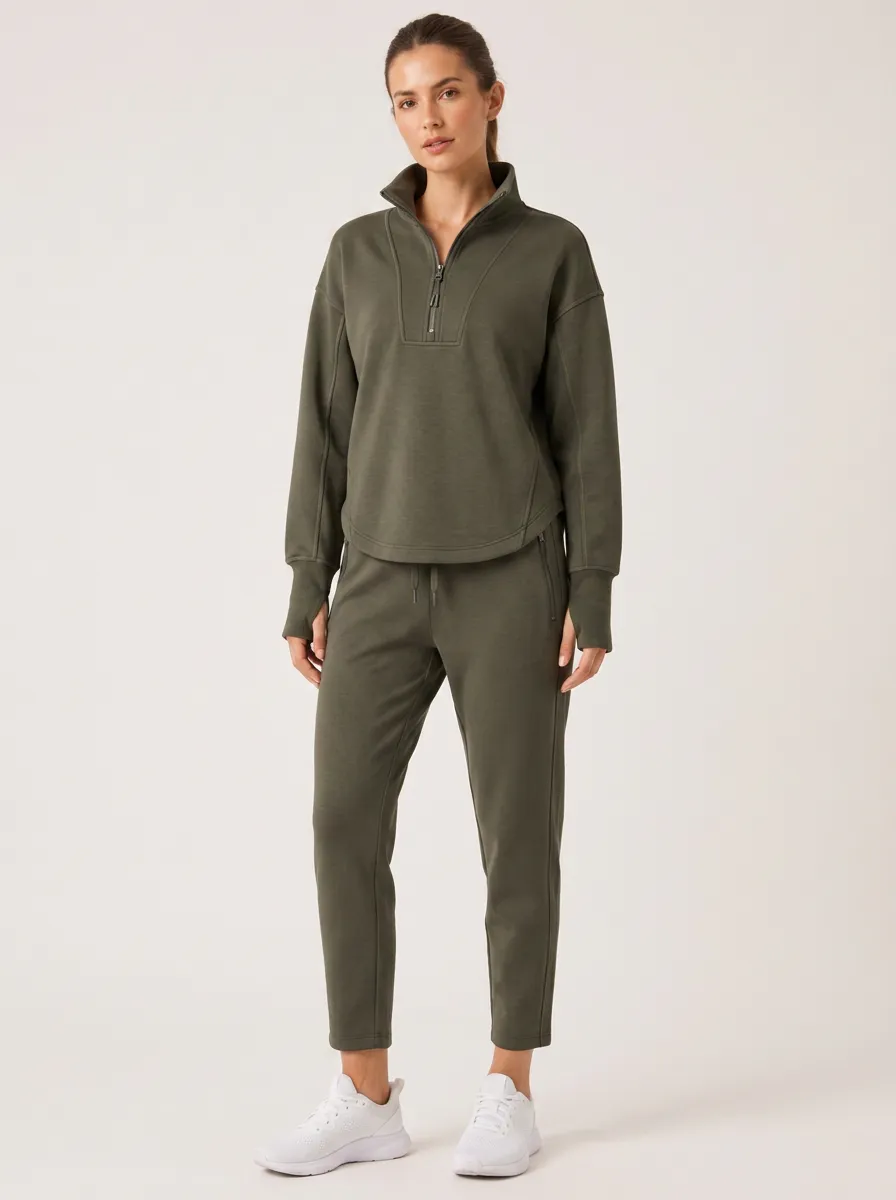 Women's Olive Green Quarter Zip Pullover Jogger Tracksuit Set