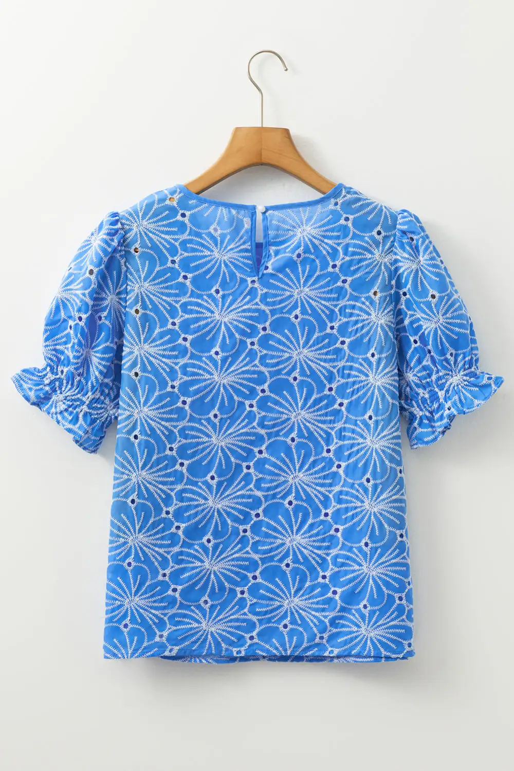 Sky Blue Eyelet Flower Embroidery Frilled Short Puff Sleeve Blouse