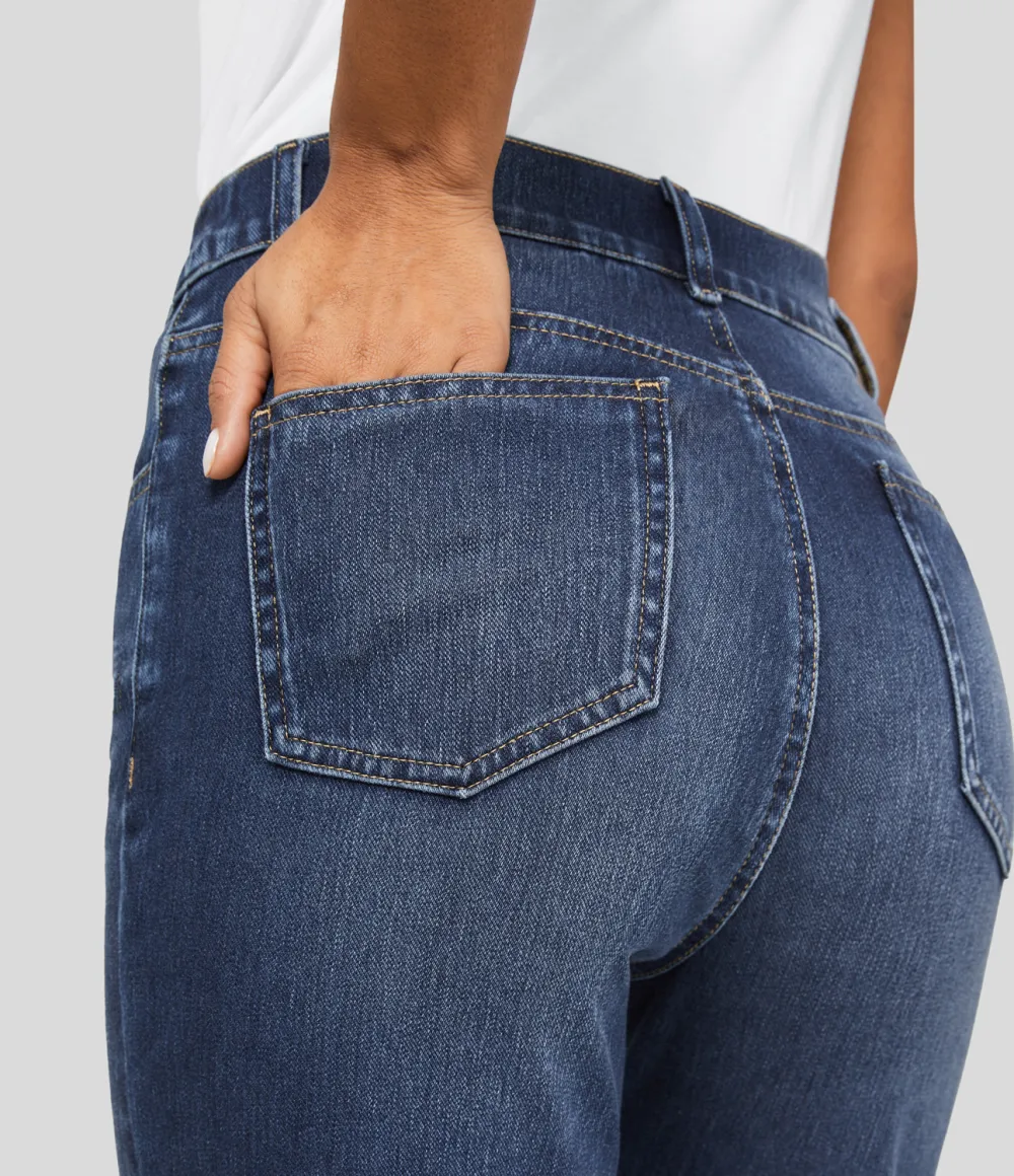 Magic High Waisted Multiple Pockets Straight Leg Washed Stretchy Knit Casual Jeans