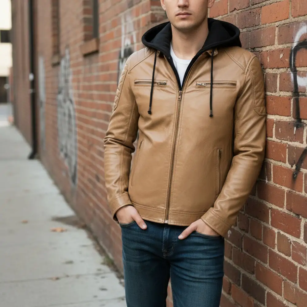 Leather Biker Hooded Multi Pocket Jacket