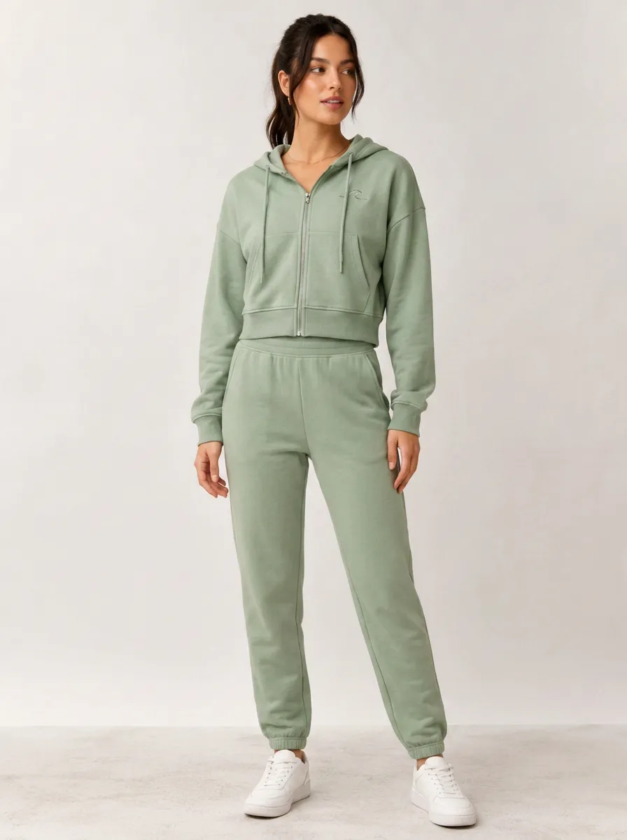 Women's Beach Lover Wave Embroidered Sage Green Zip-up Hoodie Jogger Set