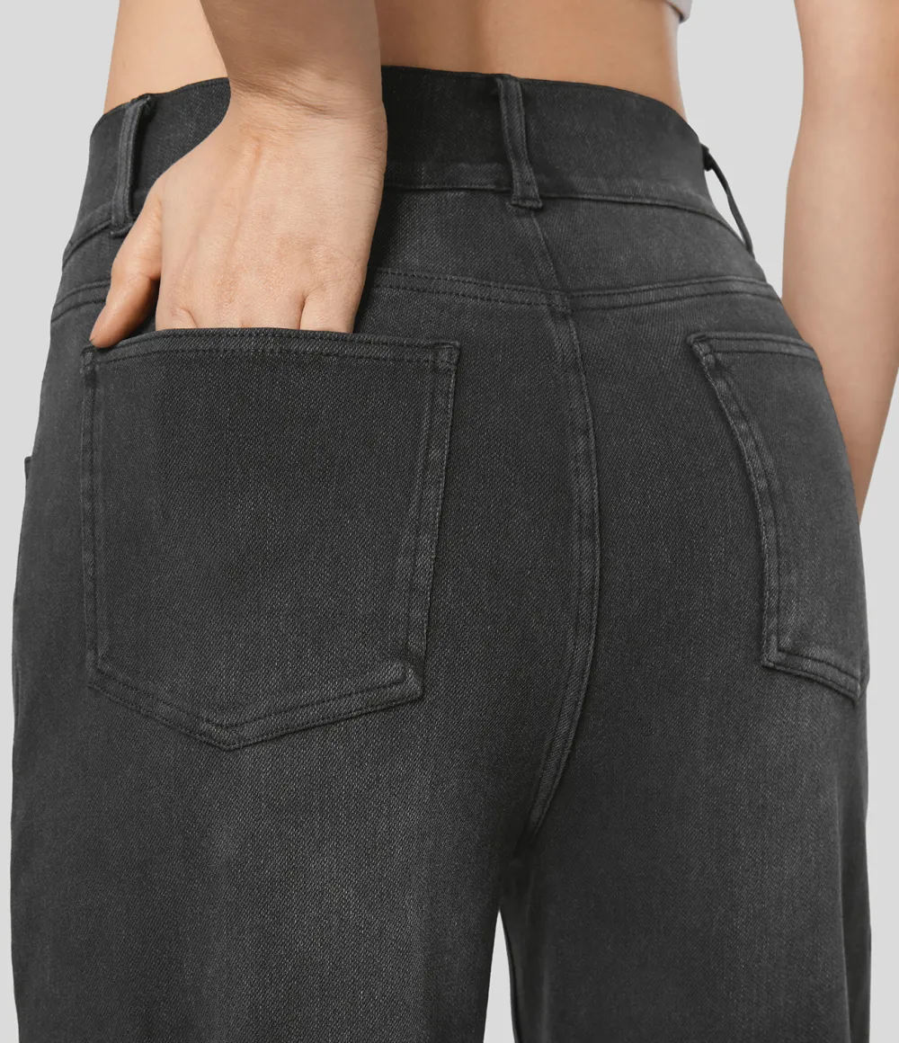 Magic High Waisted Decorative Button Multiple Pockets Straight Leg Stretchy Knit Casual Boyfriend Jeans