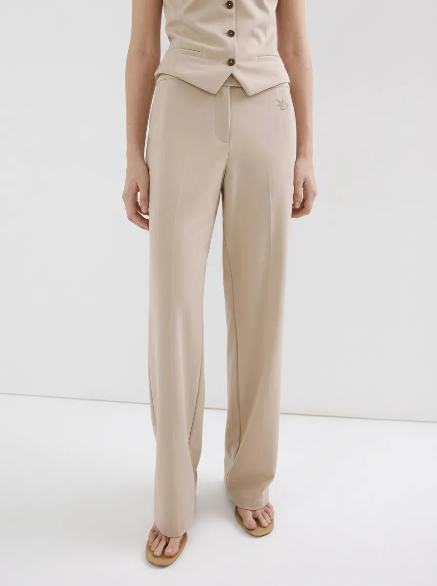 Women's Minimalist Beige Leaf Embroidered Mid-Rise Straight Leg Trousers