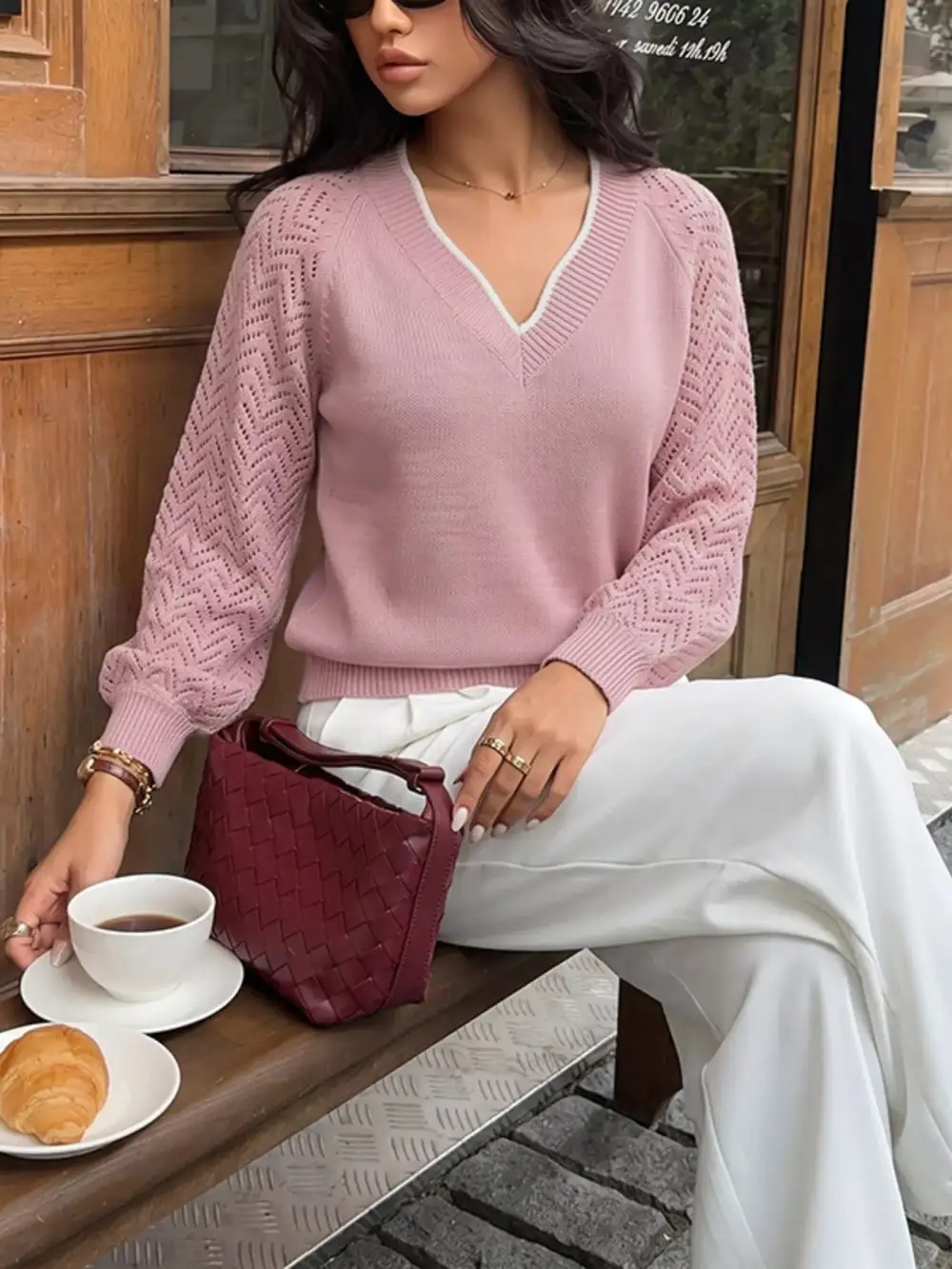 V-Neck Openwork Long Sleeve Sweater