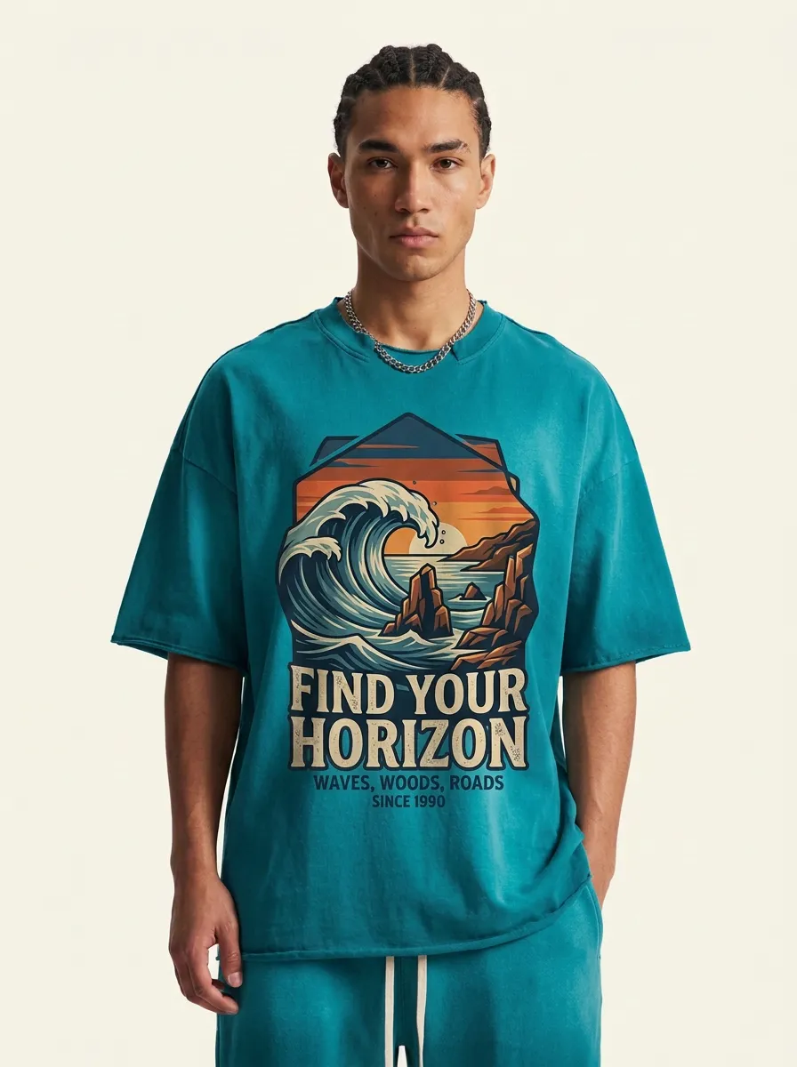 Men's Adventure Travel Horizon Wave Printed T-shirt