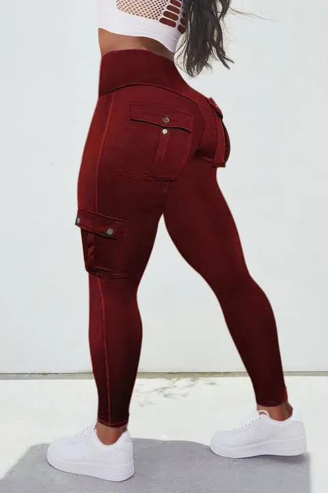 Solid Flap Pocket High Waist Leggings