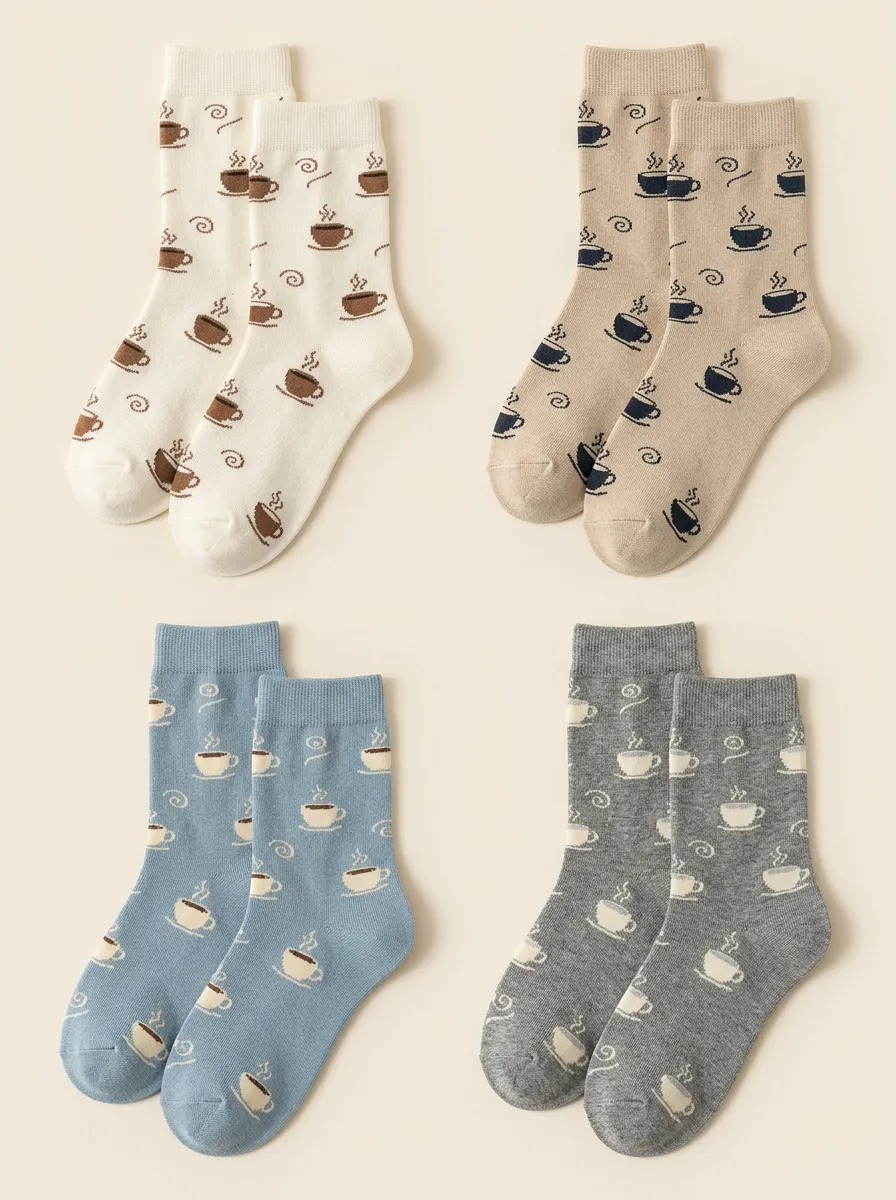 Women's Coffee Cup Ribbed Crew Socks Four Pair Set