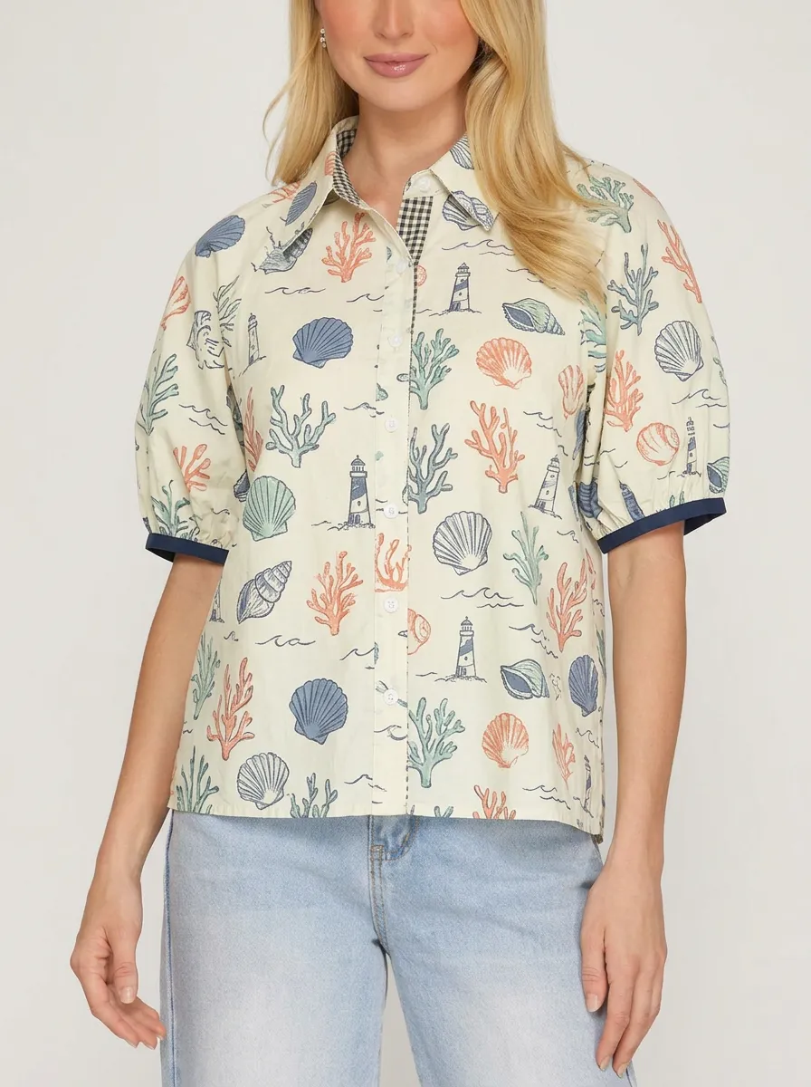 Women's Coastal Seashell Lighthouse Graphic Shirt