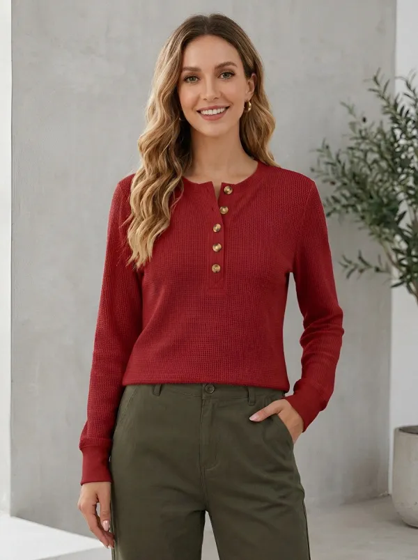 Women's Casual Solid Waffle Knit Button-Up Henley Shirt