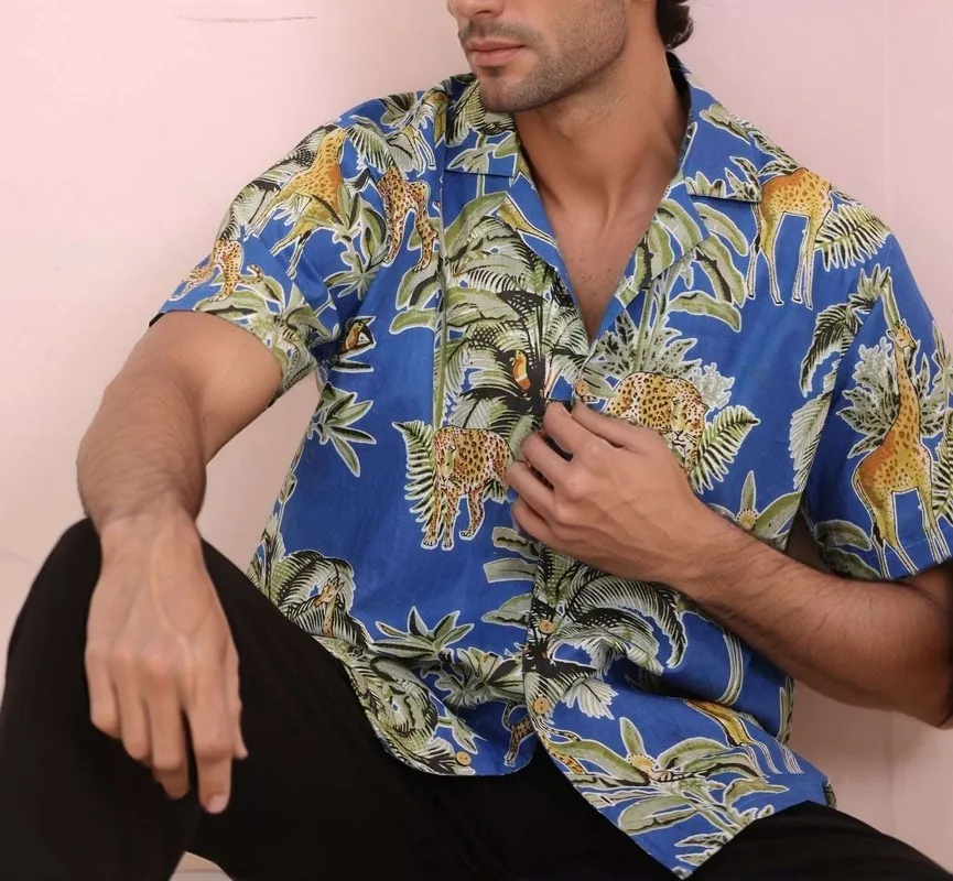 Blue Monkey Print Mulmul Cotton Camp Collar Shirt