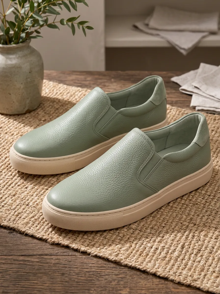Women's Sage Green Pebble Leather Slip-on Sneakers