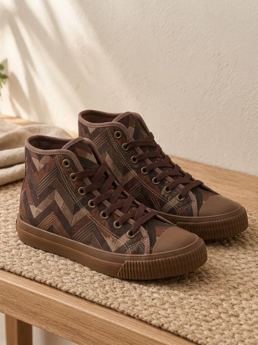 Men's Brown Chevron Geometric Pattern Printed Canvas Shoes