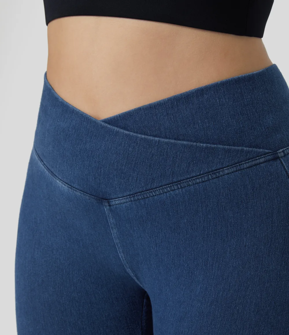 Magic Crossover Side Pocket Washed Stretchy Knit Denim Work Plus Size Leggings