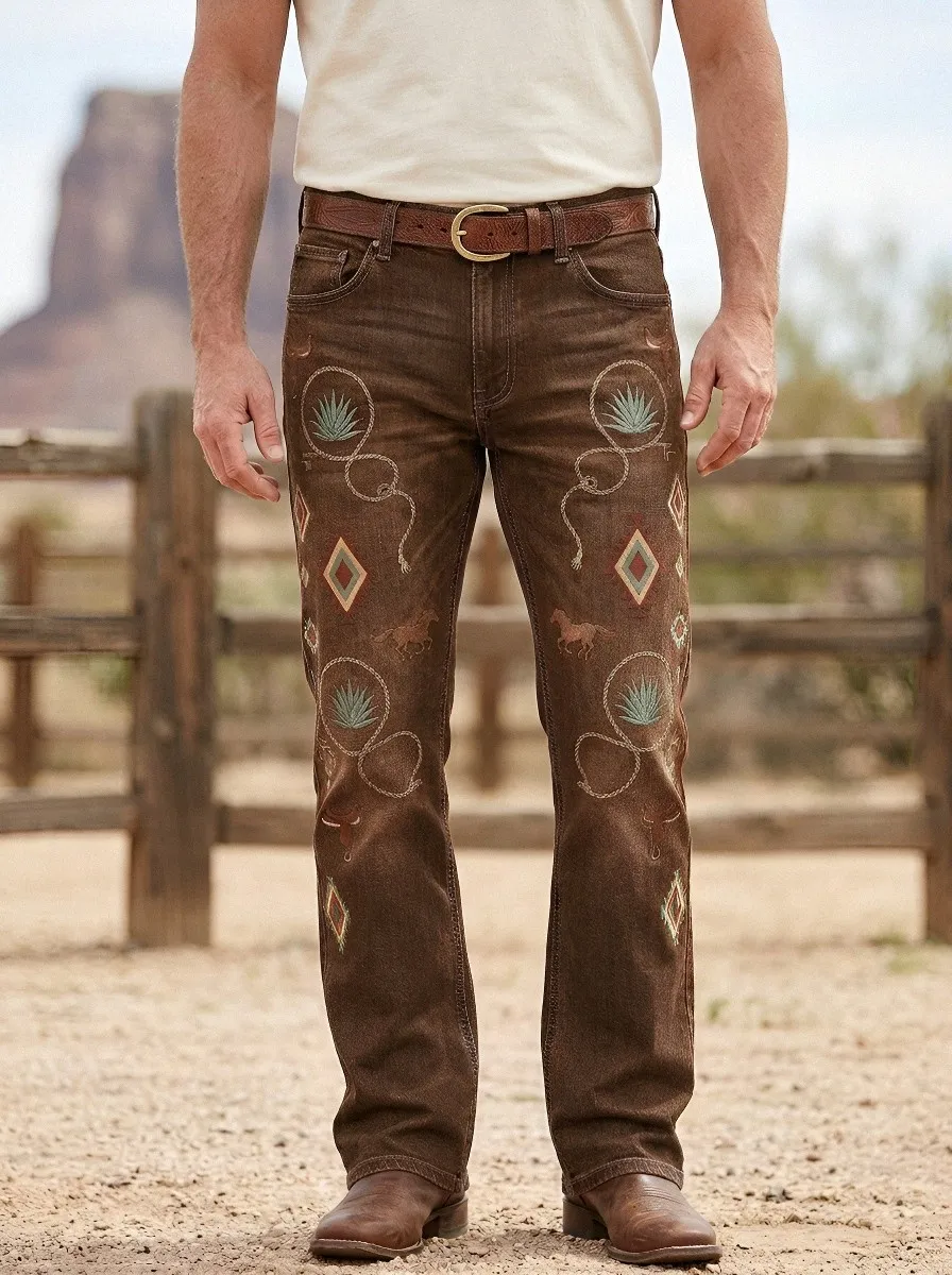 Men's Western Cowboy Horse Lasso Diamond Embroidered Jeans