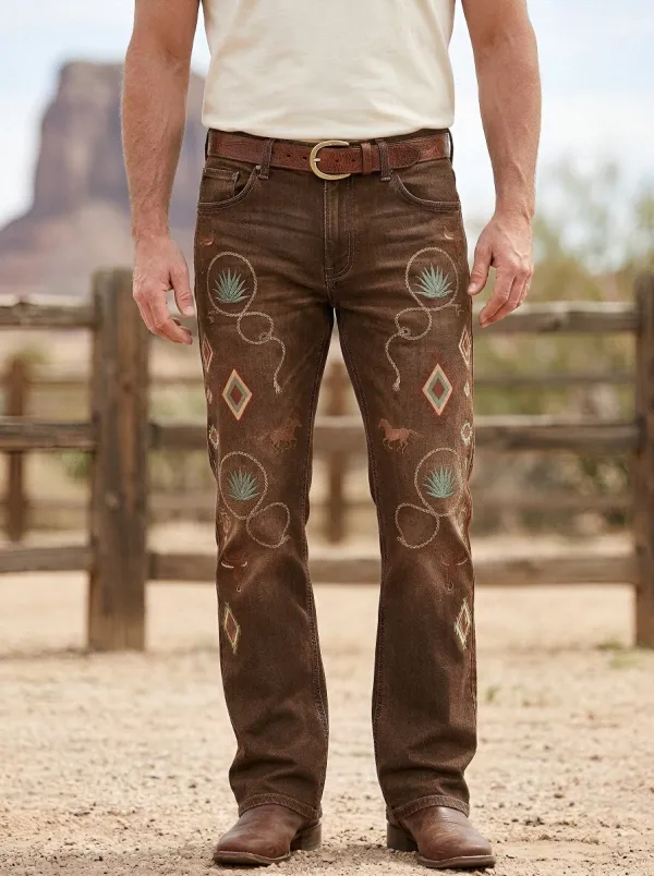Men's Western Cowboy Horse Lasso Diamond Embroidered Jeans