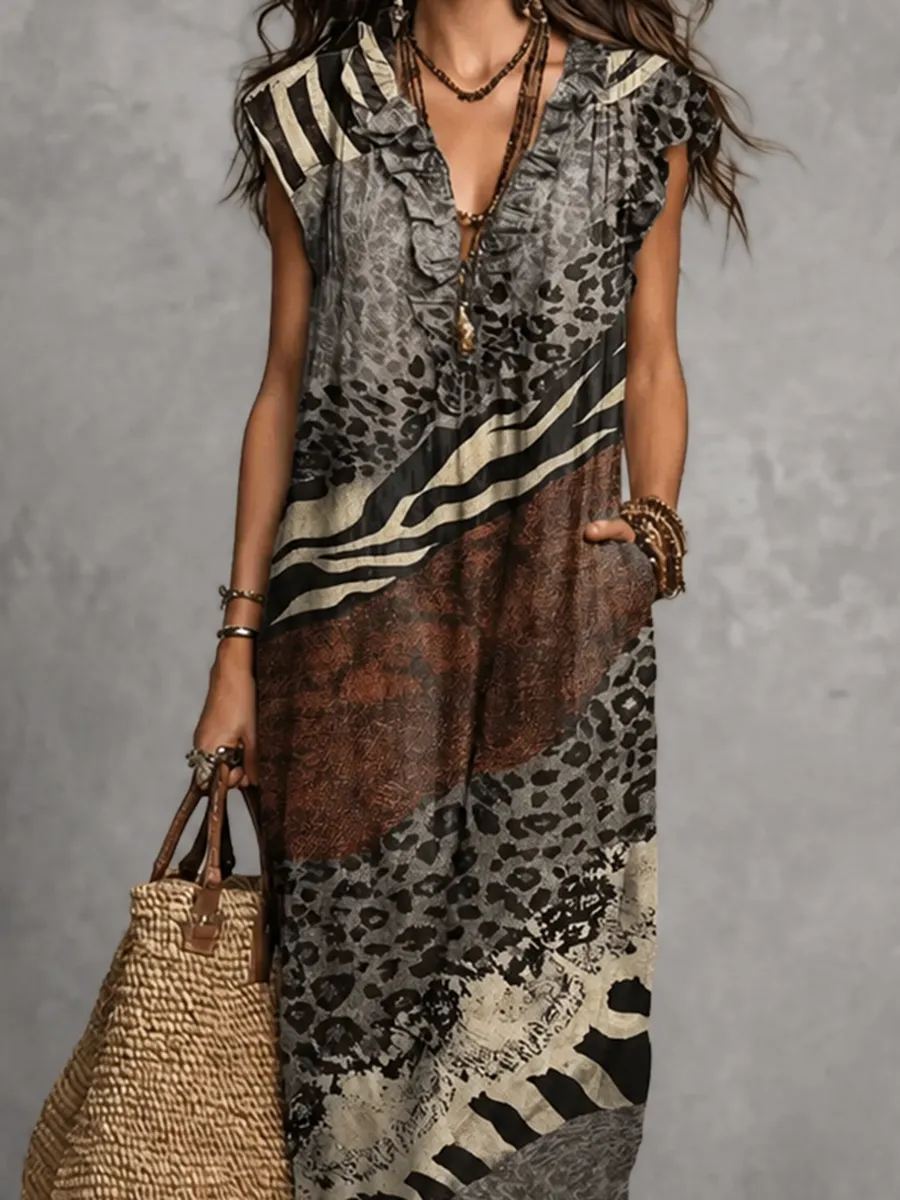 Ruffled Printed Sleeveless Neck Maxi Dress