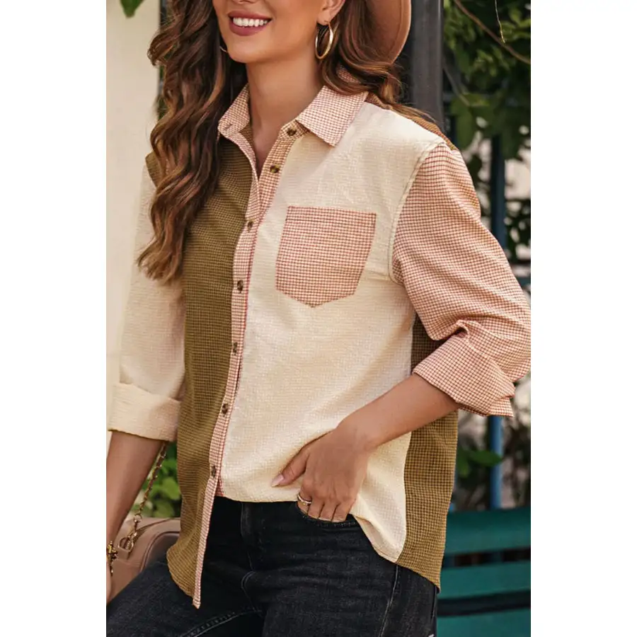 Contrast Plaid Button Down Long Sleeve Shirt